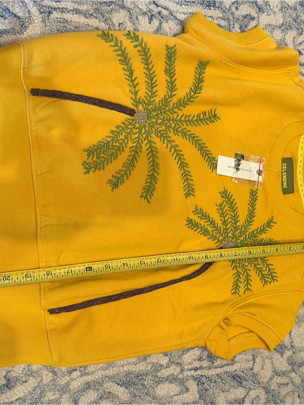 Anthropologie Celadine Mustard Embroidered Palm Short Sleeve Sweatshirt - Picture 6 of 7